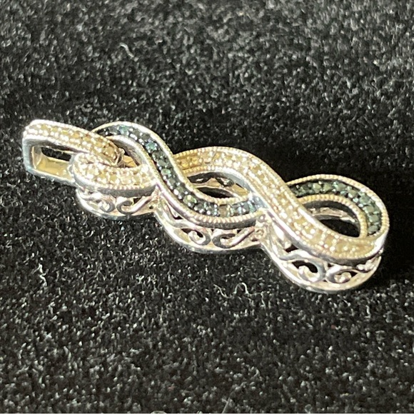 Jewelry - 925 JWBR Silver, Blue & White Diamond Chip Twist Pendant- One Missing Stone